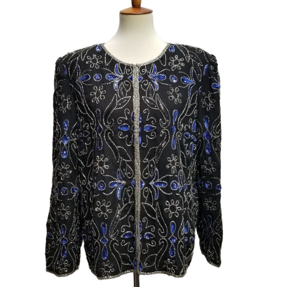 VTG LAWRENCE KAZAR Bling Sequined Beaded Black Blazer Jacket Women's XL